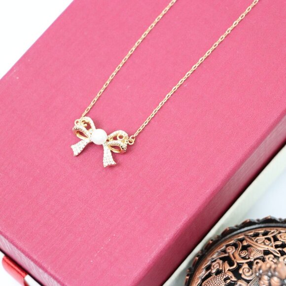 Rose Gold Bow Pendant Necklace with Pearl and Crystals , XPNL0171 - Picture 4 of 13